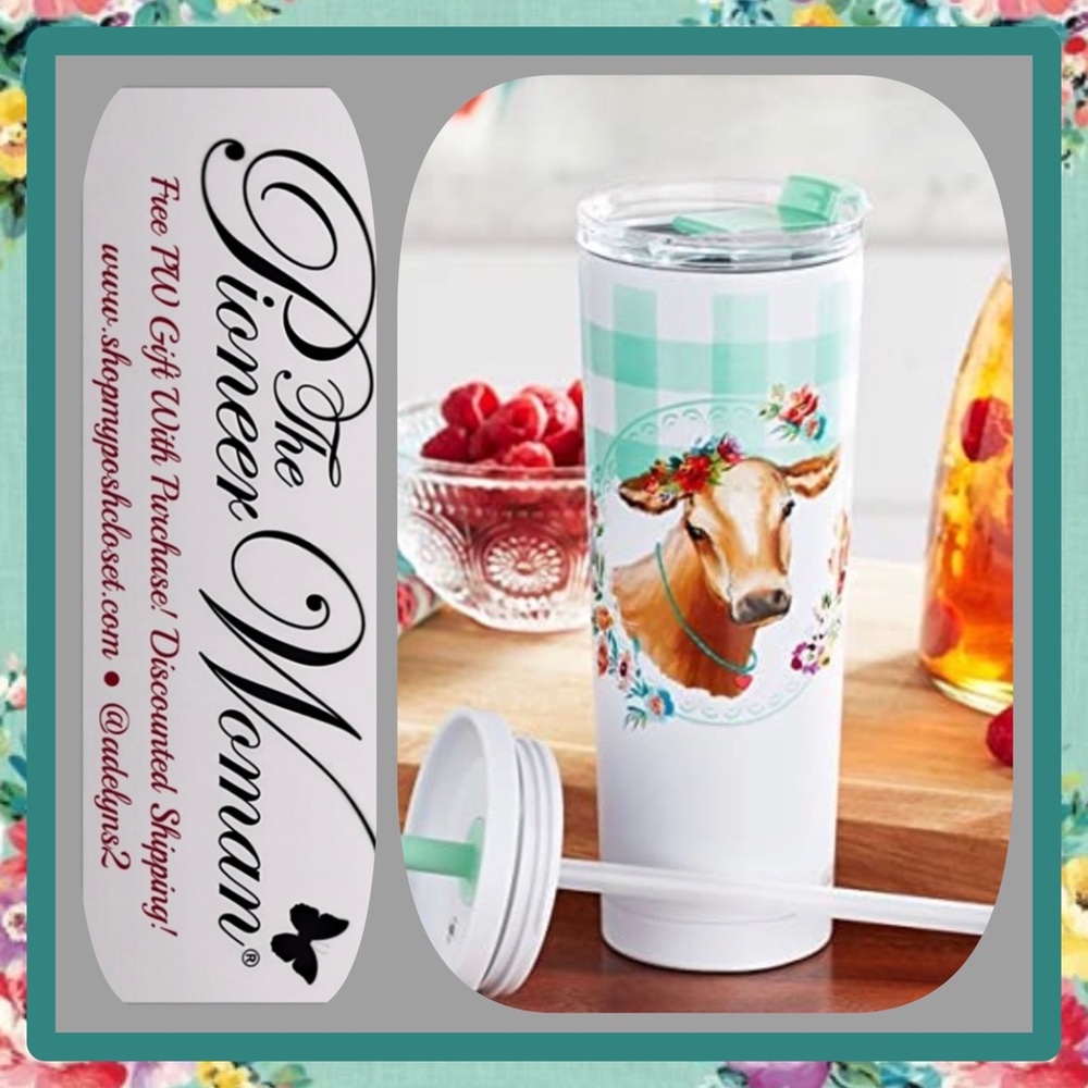 🌺 New Pioneer Woman Gingham Cow Sippy Tumbler with 2 Different Style Lids - Picture 1 of 7